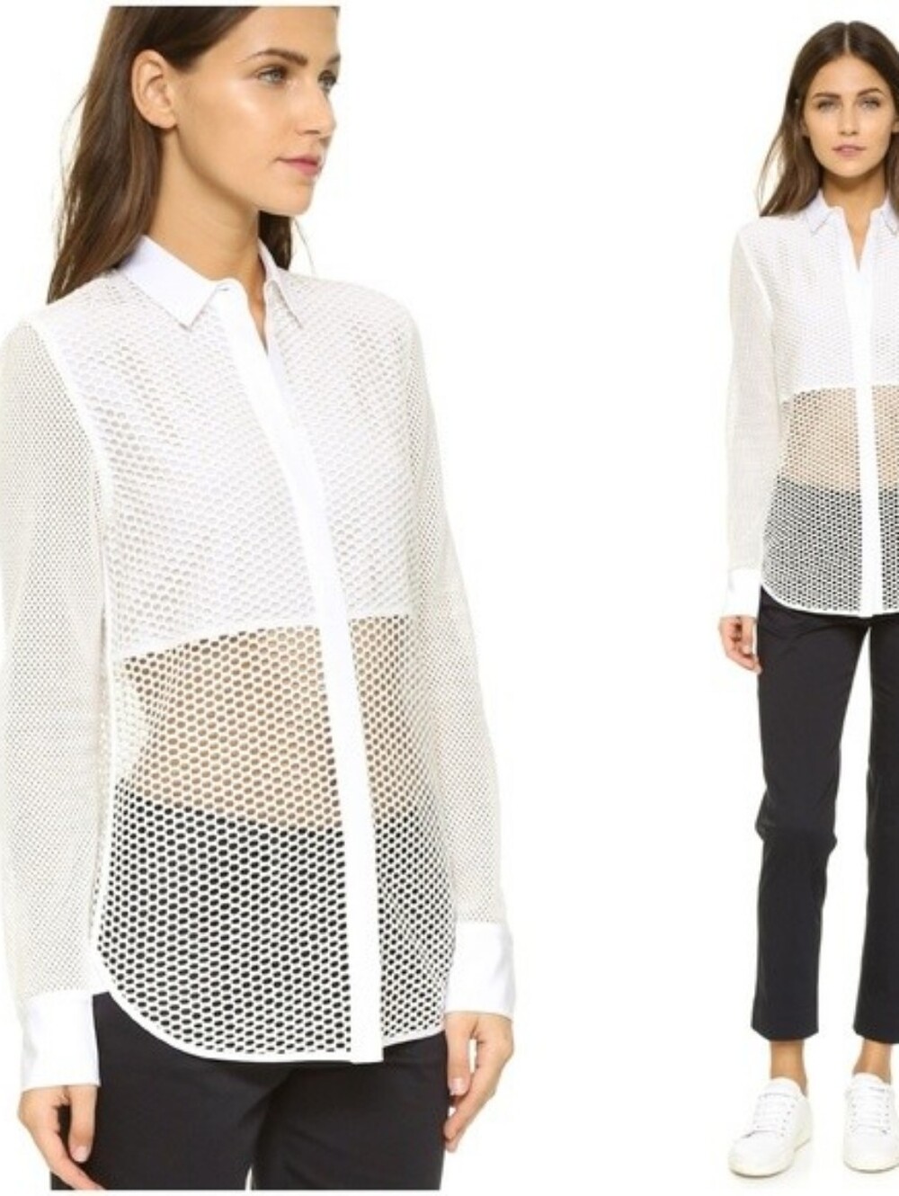 rag & bone White Stretch Mesh Button-Up Blouse